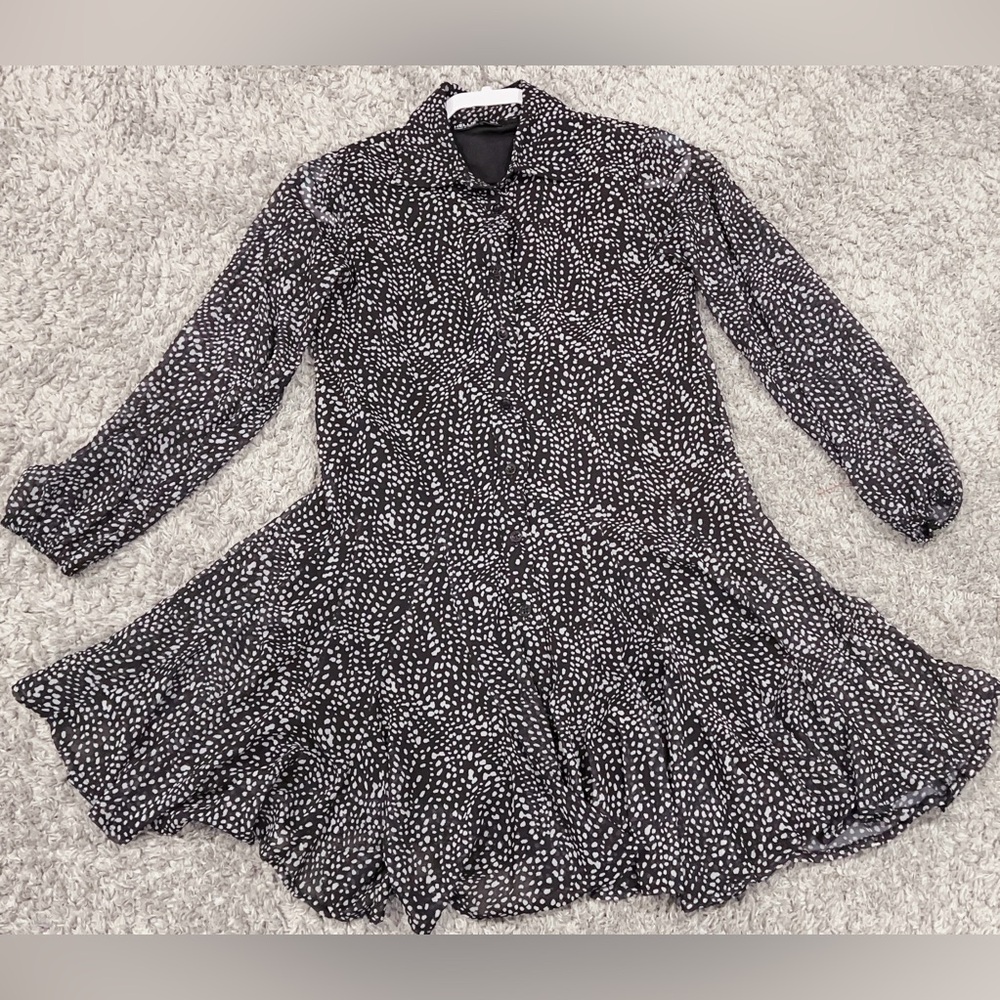 Black Button-Front Mini Dress with White Speckled Print Small